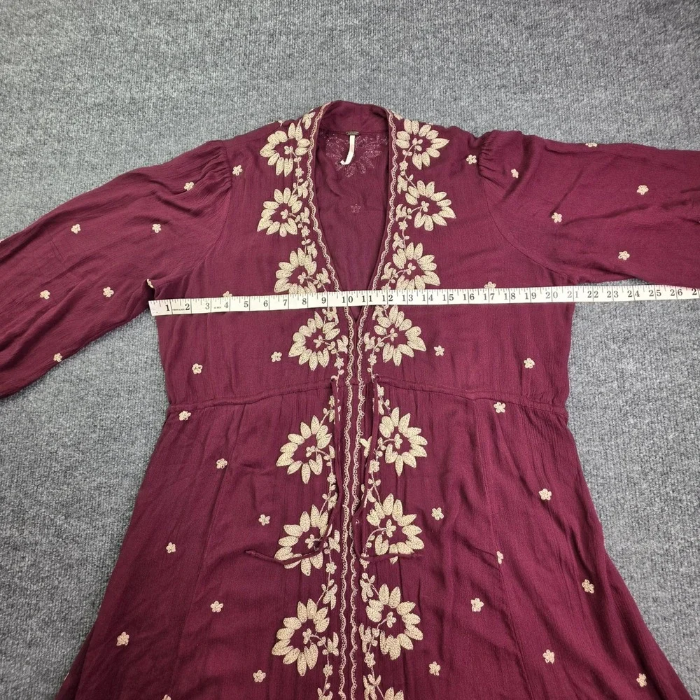 Free People Maxi Dress Womens Small Burgundy Floral Embroidered Boho V-Neck